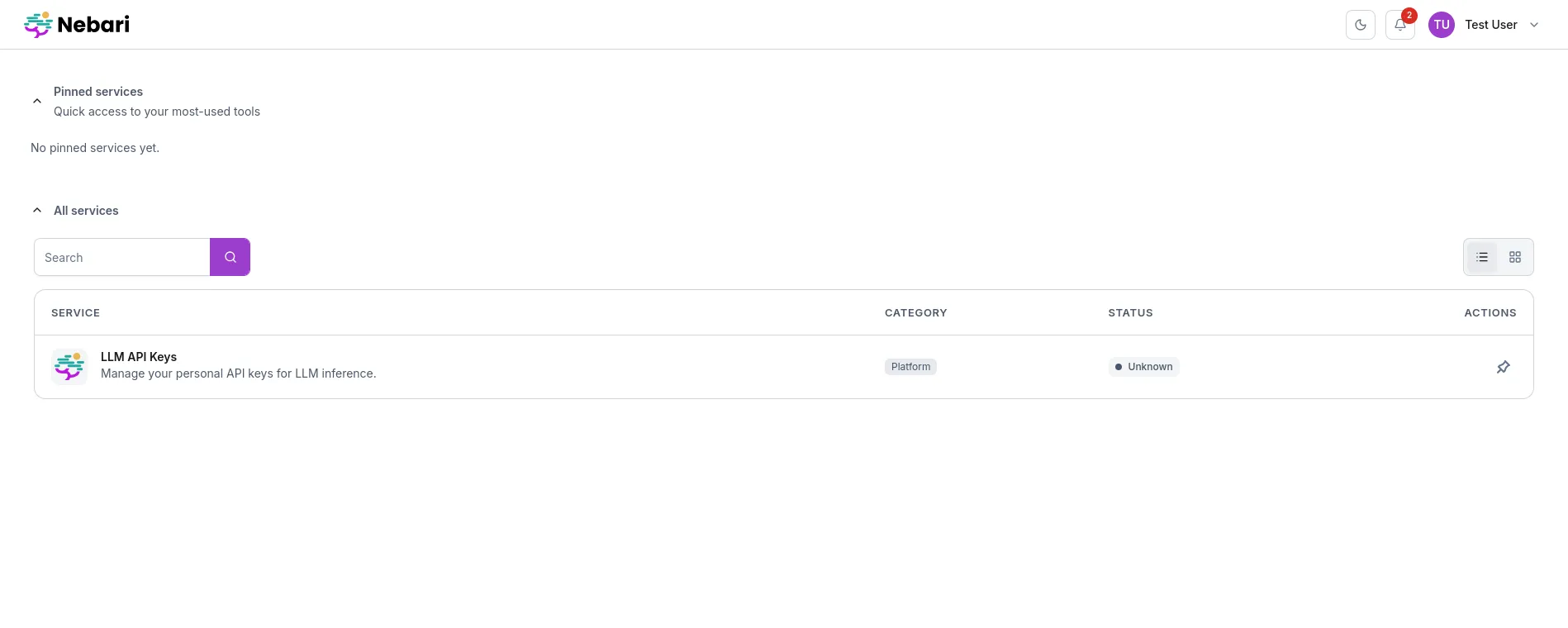 Landing page with LLM API Keys tile